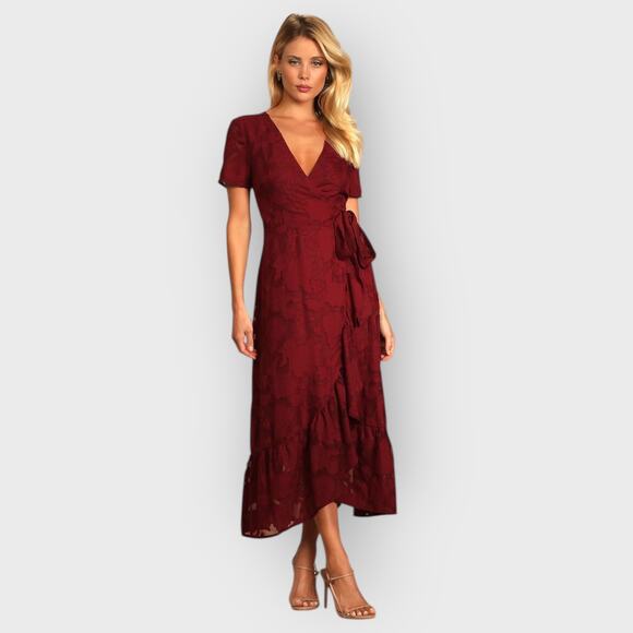 Lulus XS Burgundy Floral Midi Wrap Dress V-Neck Short Sleeve Romantic Occasion - Picture 5 of 10
